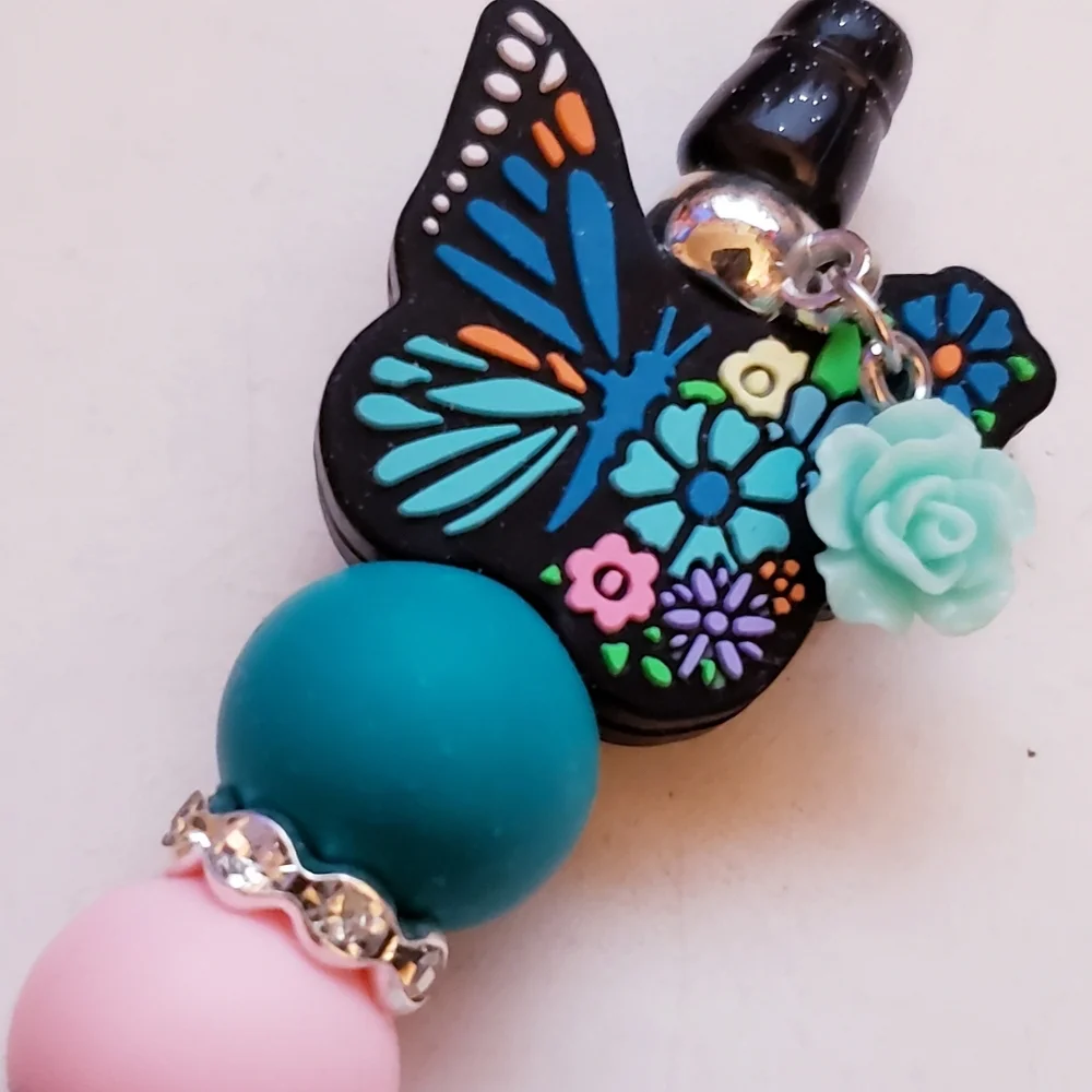 Handmade Blue Flower Butterfly Beaded Silicone Focal Bead Pen